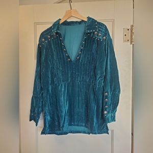 Elegant Teal Velvet Blouse with Stud Accents